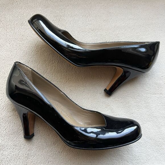 ANYI LU Emily Black Patent Leather Pump Heels EU 37.5 US 7.5 Classic Minimalist - Picture 1 of 16